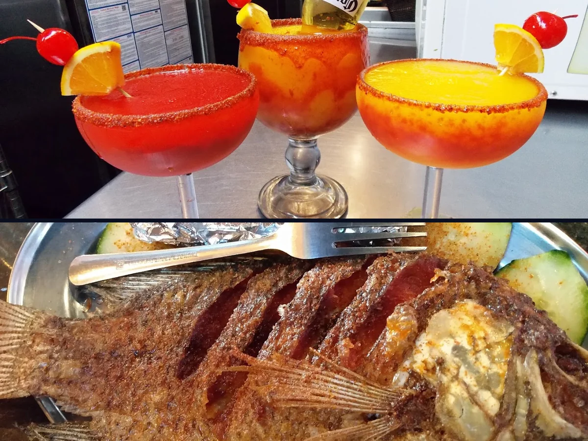 Shared plates of ceviche and tacos on display.