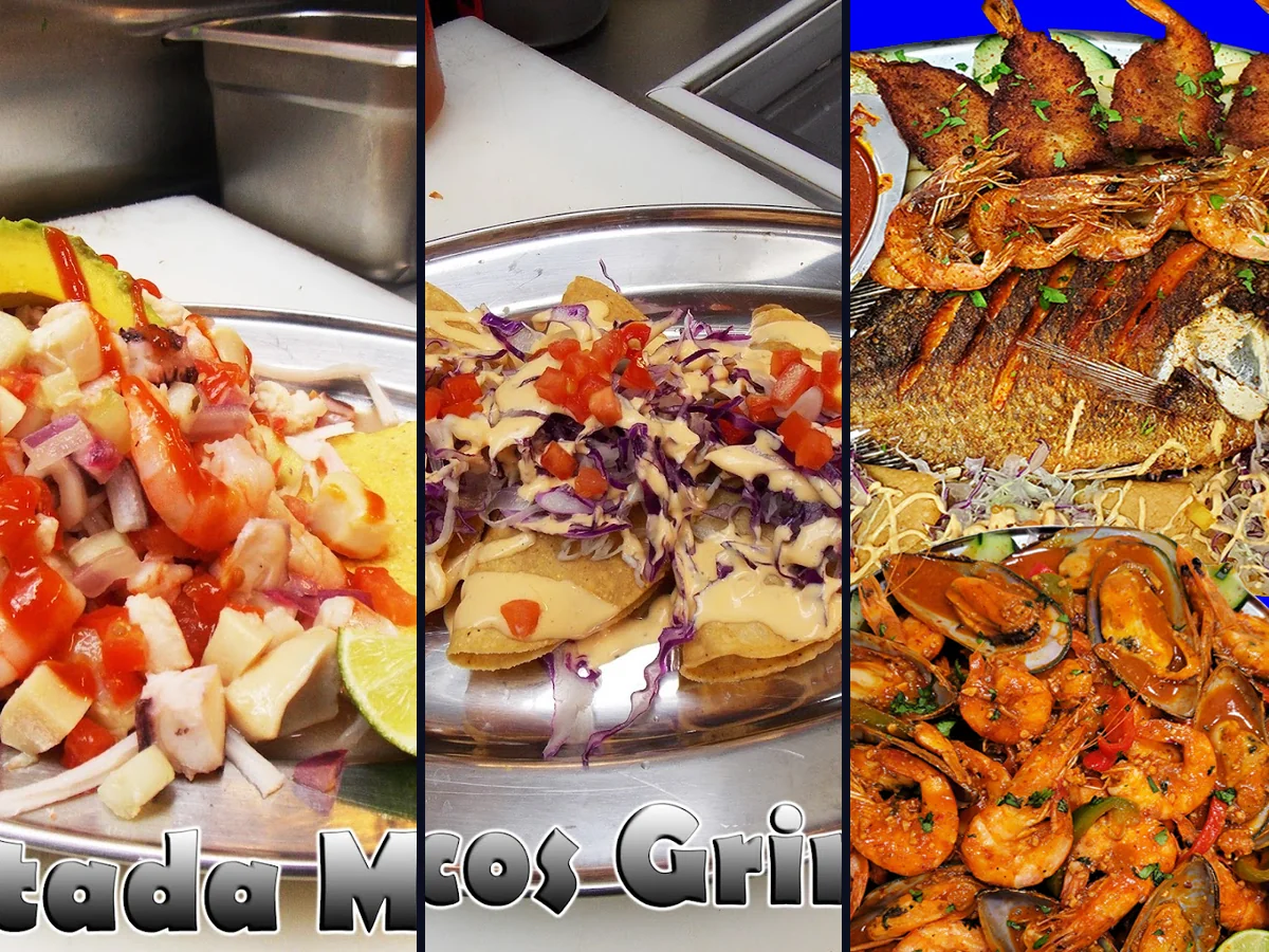 Colorful seafood plates on a casual restaurant table.