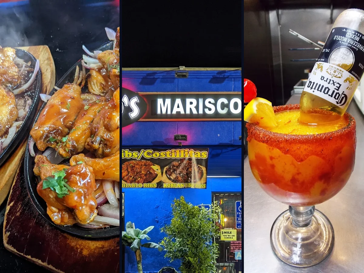 Shared plates of ceviche and tacos on display.