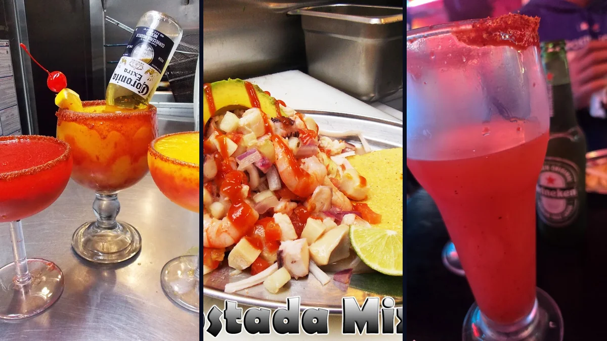 Colorful seafood plates on a casual restaurant table.